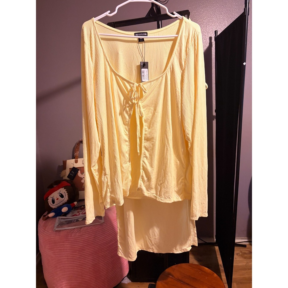 PrettyLittleThing Plus Pale Yellow Ribbed Tie Detail Skirt Set US Size 24